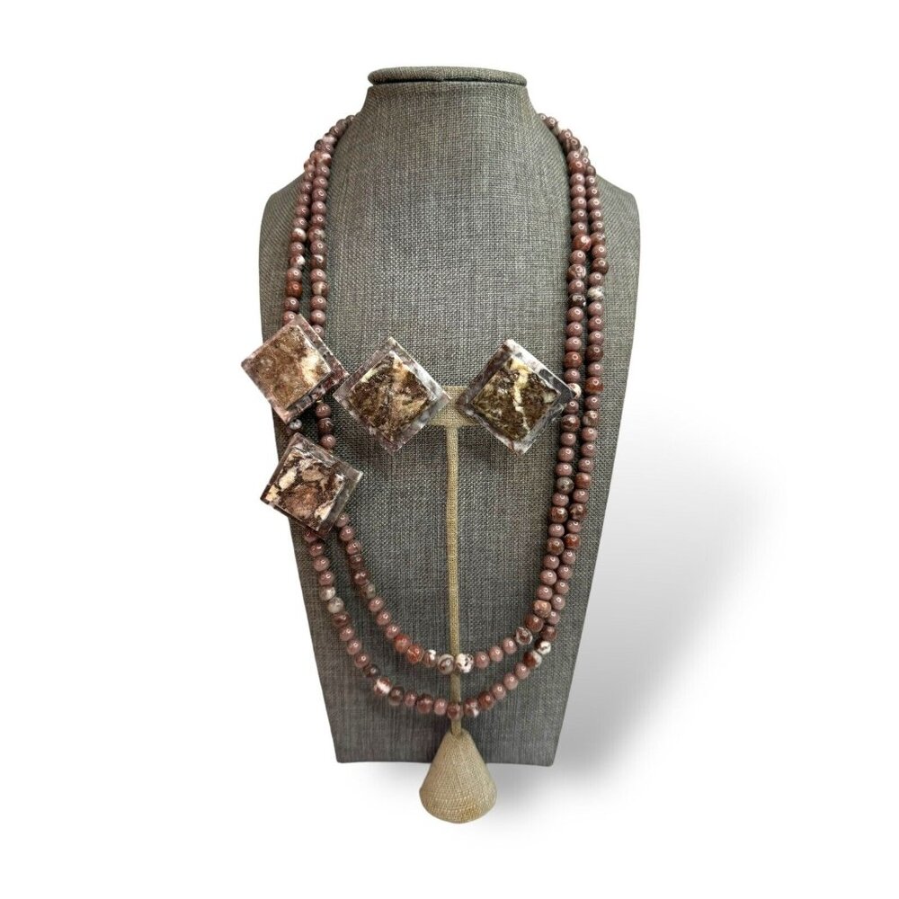 Vintage Karla Jordan Brown Pink Jasper Bead Necklace Earring Set 24” 1980s